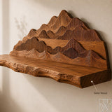 Mountain Sculpture Live Edge Wood Wall Shelf with Fluted Ridge Relief