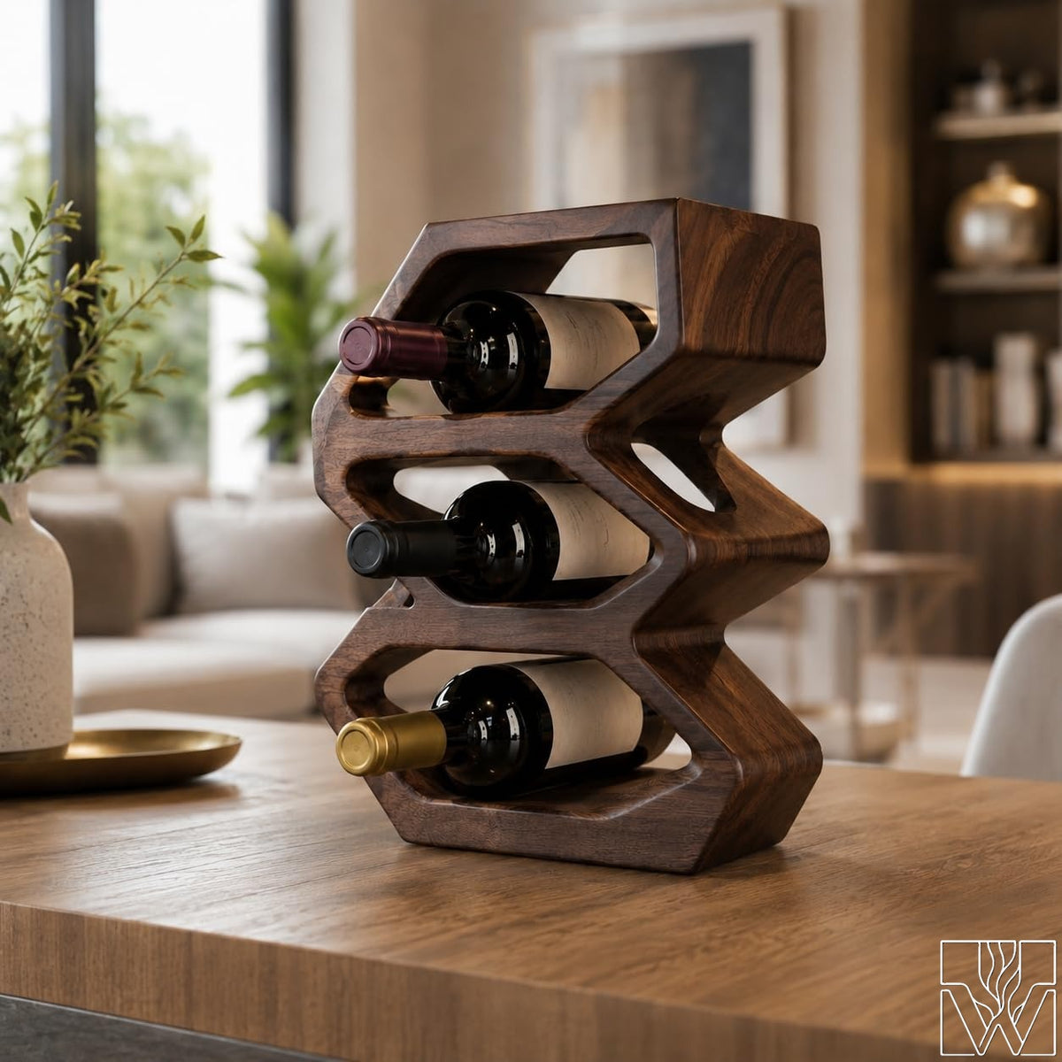3-Tier Wooden Countertop Wine Rack with Flowing Wave Profile