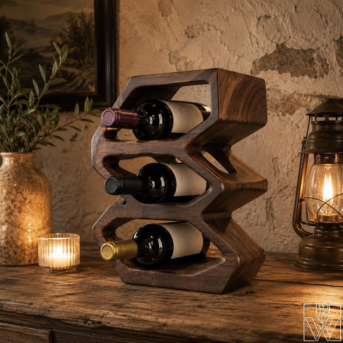 3-Tier Wooden Countertop Wine Rack with Flowing Wave Profile