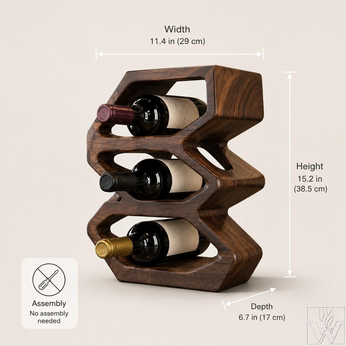 3-Tier Wooden Countertop Wine Rack with Flowing Wave Profile