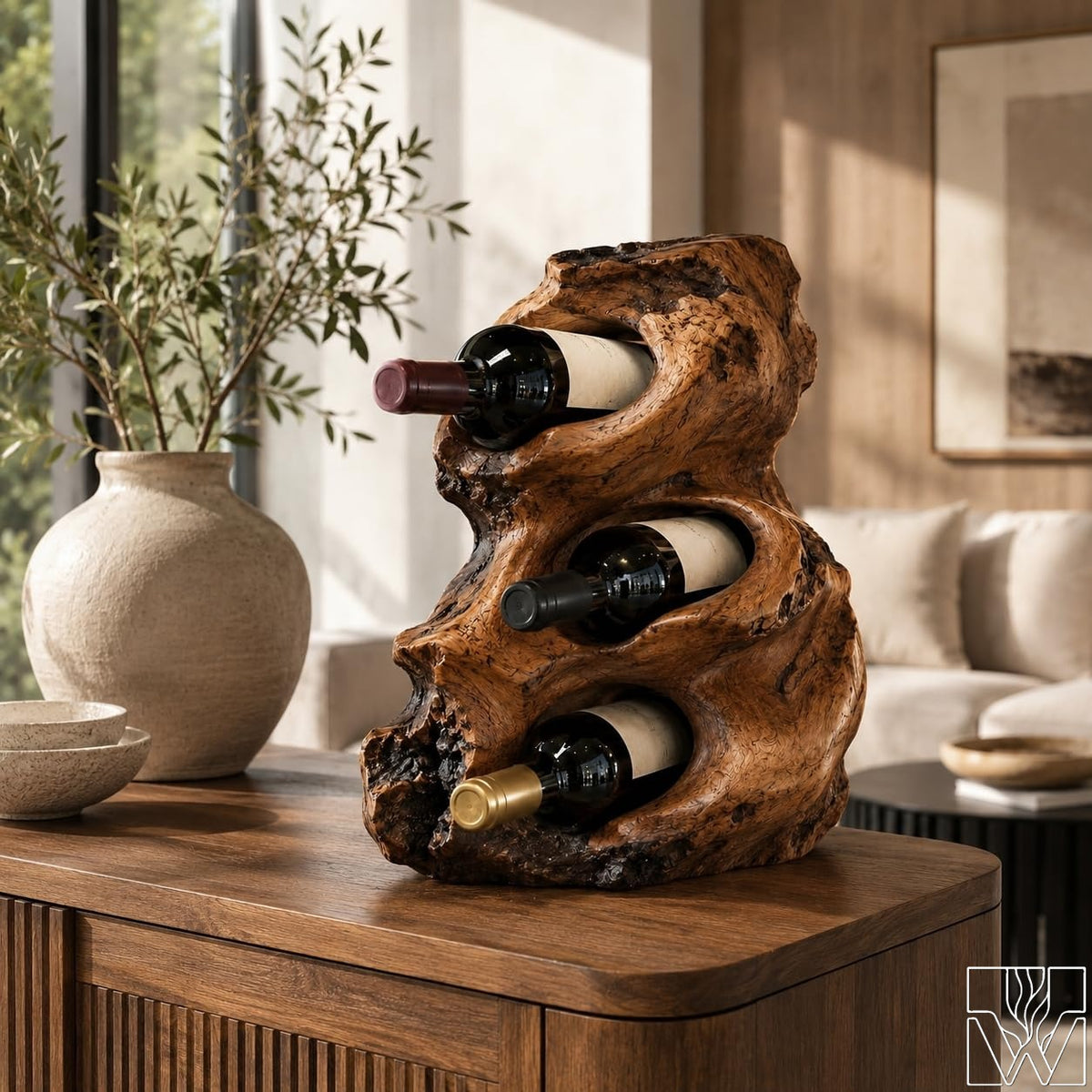 Rustic Wooden 3-Tier Countertop Wine Rack with Curved Tier Design