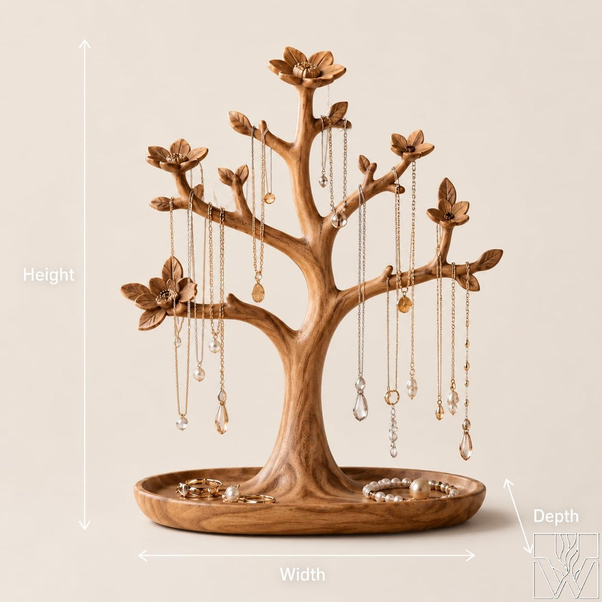 Walnut Jewelry Tree Organizer Stand with Rounded Tray Base