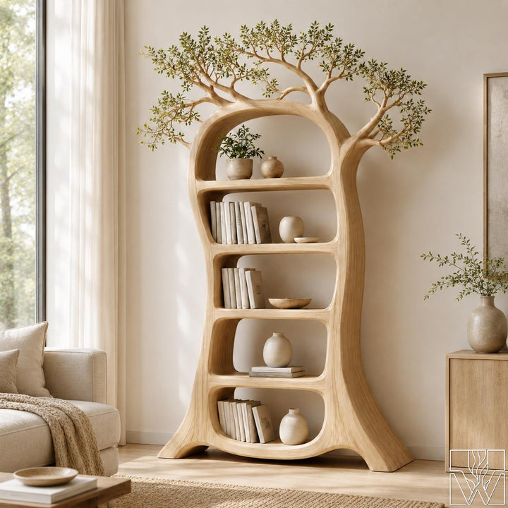 Rustic Tree Bookshelf with tree-shaped silhouette and open shelves