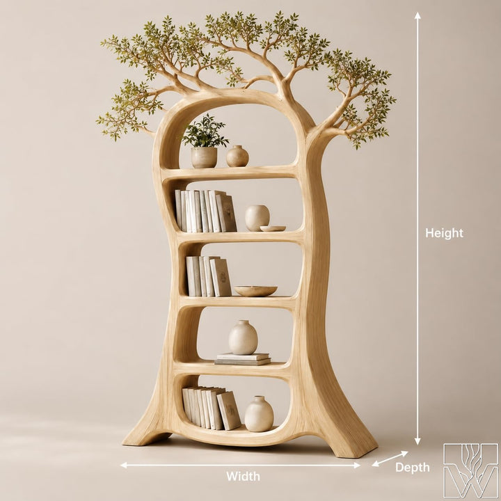 Rustic Tree Bookshelf with tree-shaped silhouette and open shelves