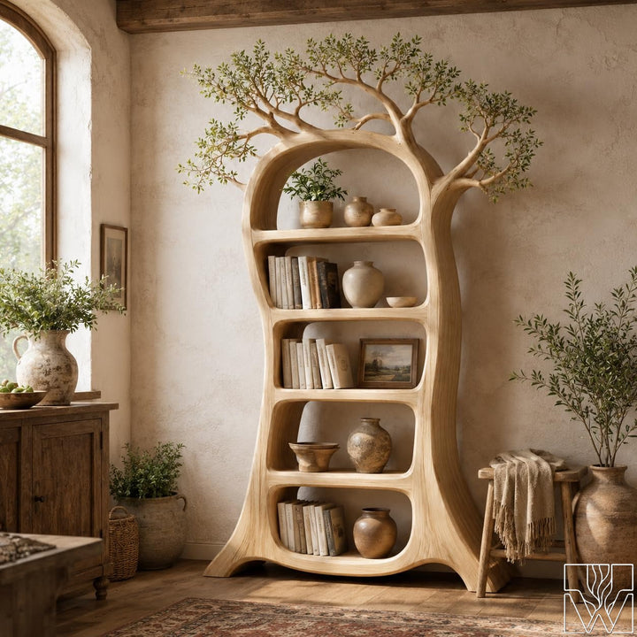 Rustic Tree Bookshelf with tree-shaped silhouette and open shelves