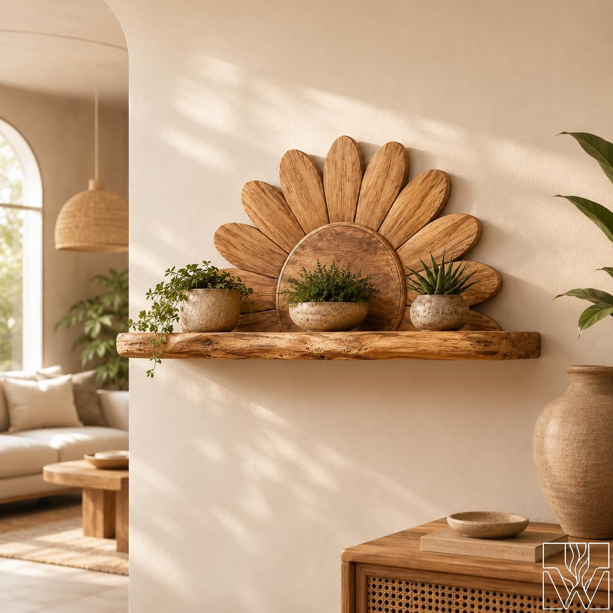 Wooden Sunburst Ray Motif Floating Shelf and Plant Display