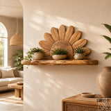 Wooden Sunburst Ray Motif Floating Shelf and Plant Display