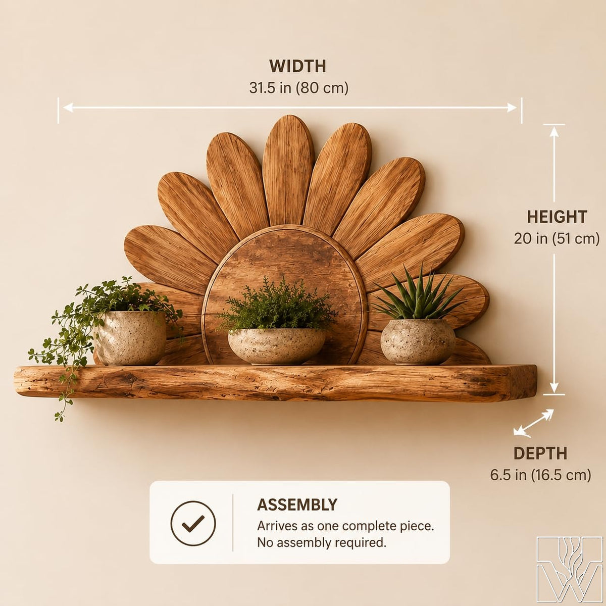 Wooden Sunburst Ray Motif Floating Shelf and Plant Display