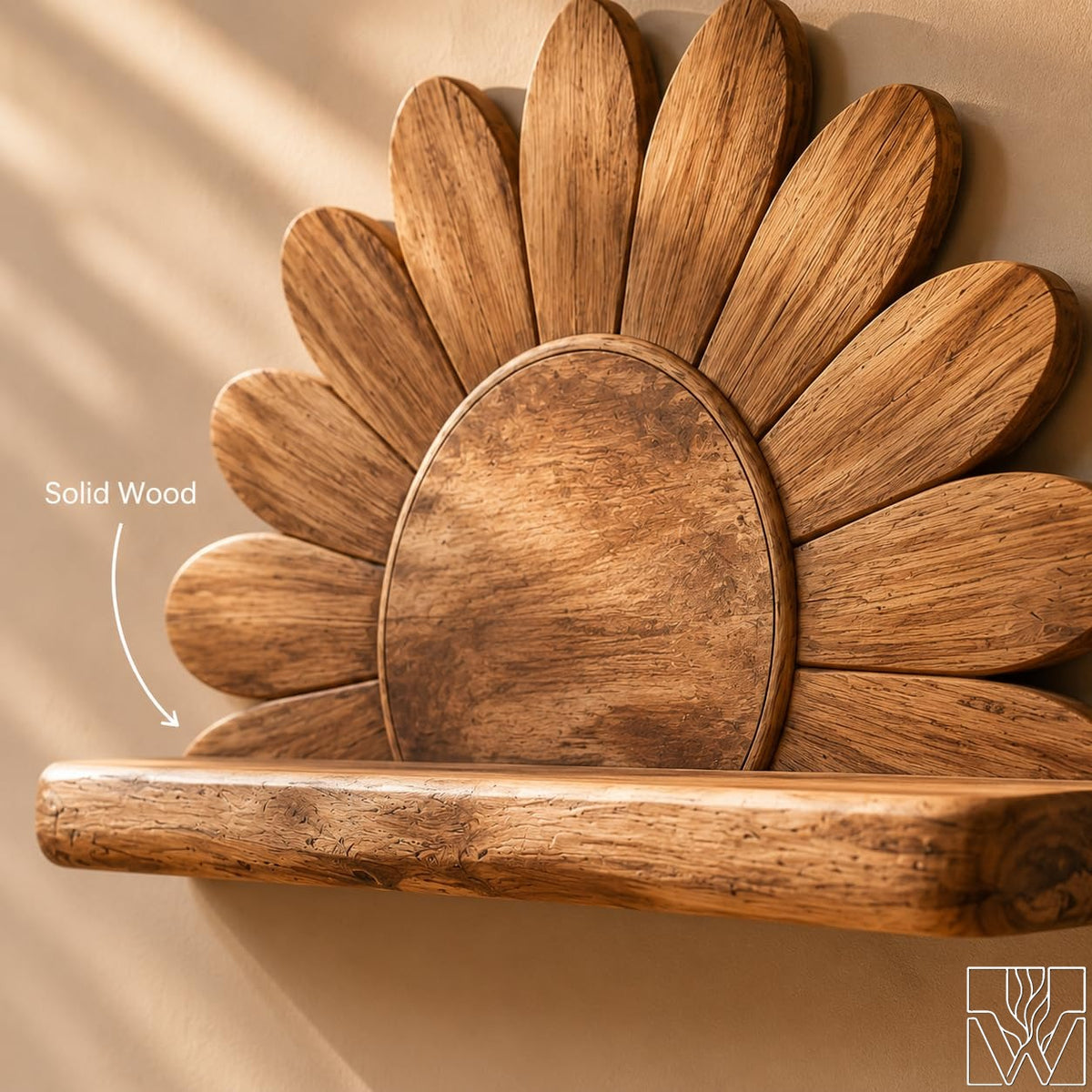 Wooden Sunburst Ray Motif Floating Shelf and Plant Display