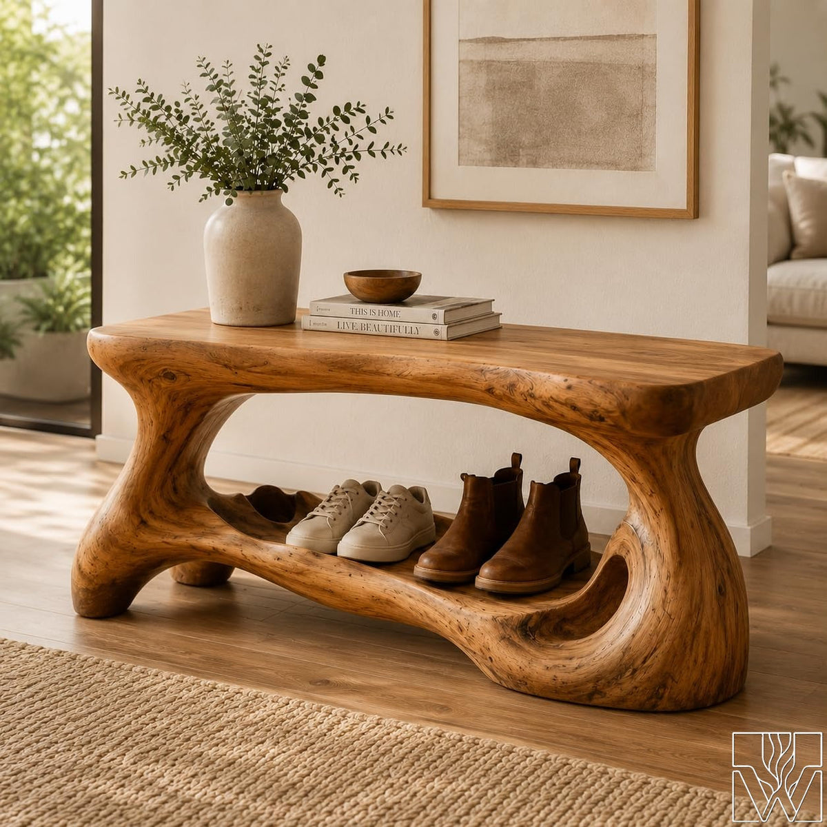 Rustic Solid Wood Shoe Bench Rack with Curved Side Support Legs