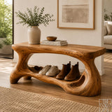Rustic Solid Wood Shoe Bench Rack with Curved Side Support Legs