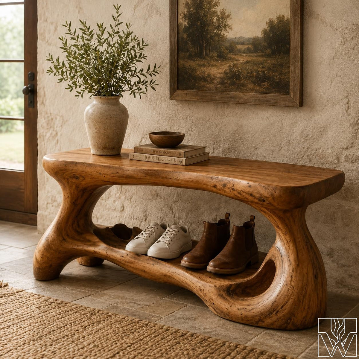 Rustic Solid Wood Shoe Bench Rack with Curved Side Support Legs
