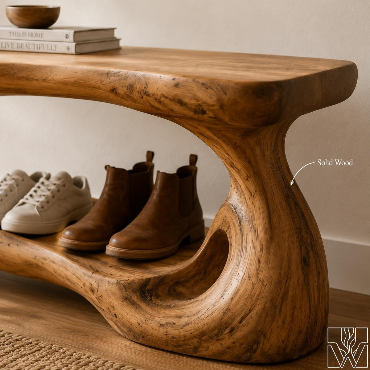 Rustic Solid Wood Shoe Bench Rack with Curved Side Support Legs