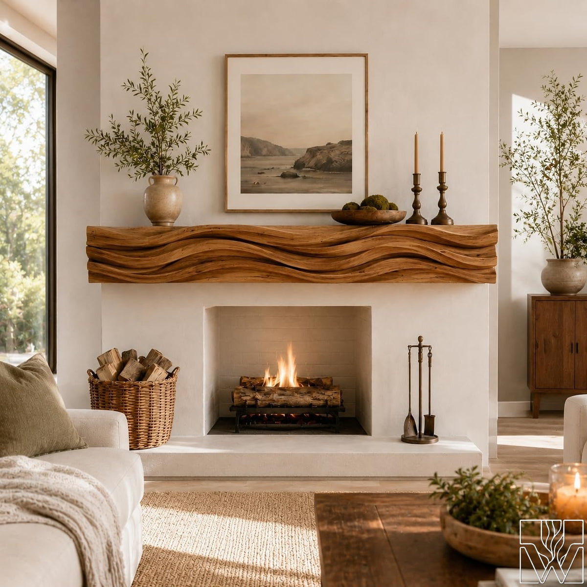 Solid Wood Rustic Fireplace Mantel Shelf with Textured Front Panel