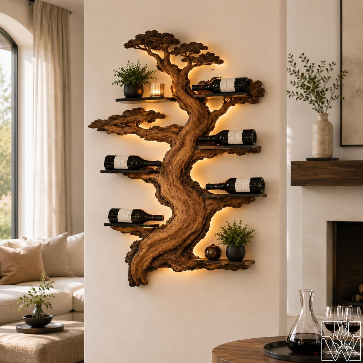 Solid Wood Tree Branch Silhouette Wine Rack with Metal Shelves