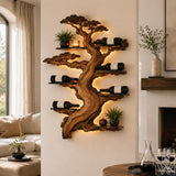 Solid Wood Tree Branch Silhouette Wine Rack with Metal Shelves