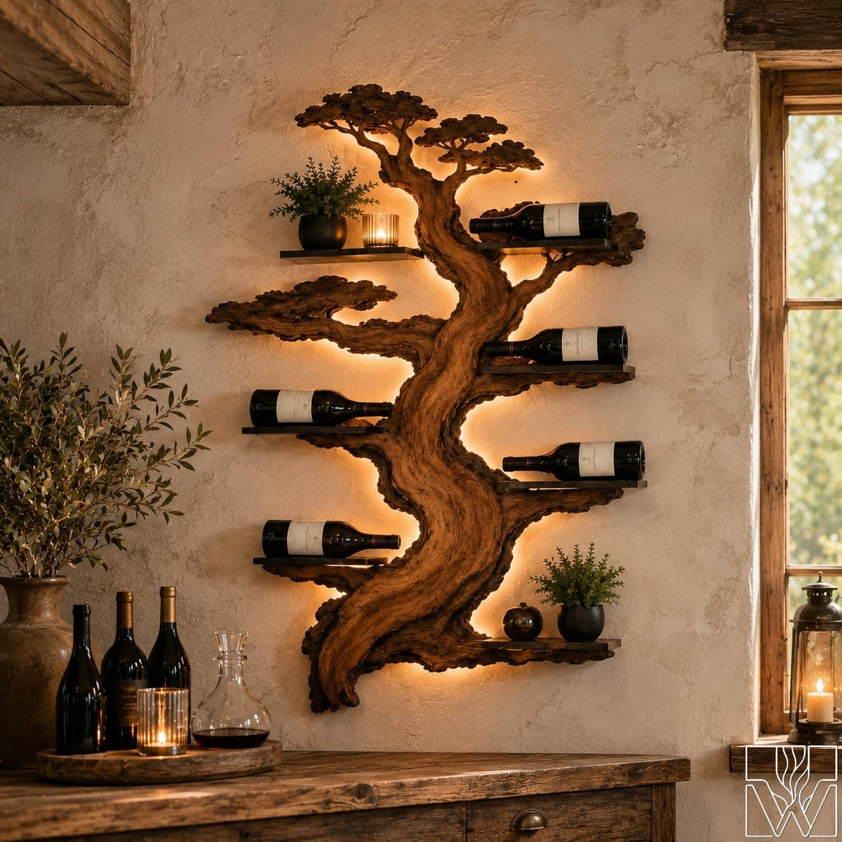 Solid Wood Tree Branch Silhouette Wine Rack with Metal Shelves