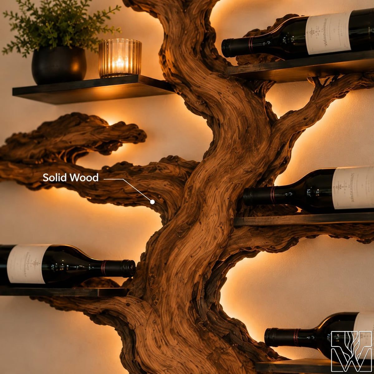 Solid Wood Tree Branch Silhouette Wine Rack with Metal Shelves