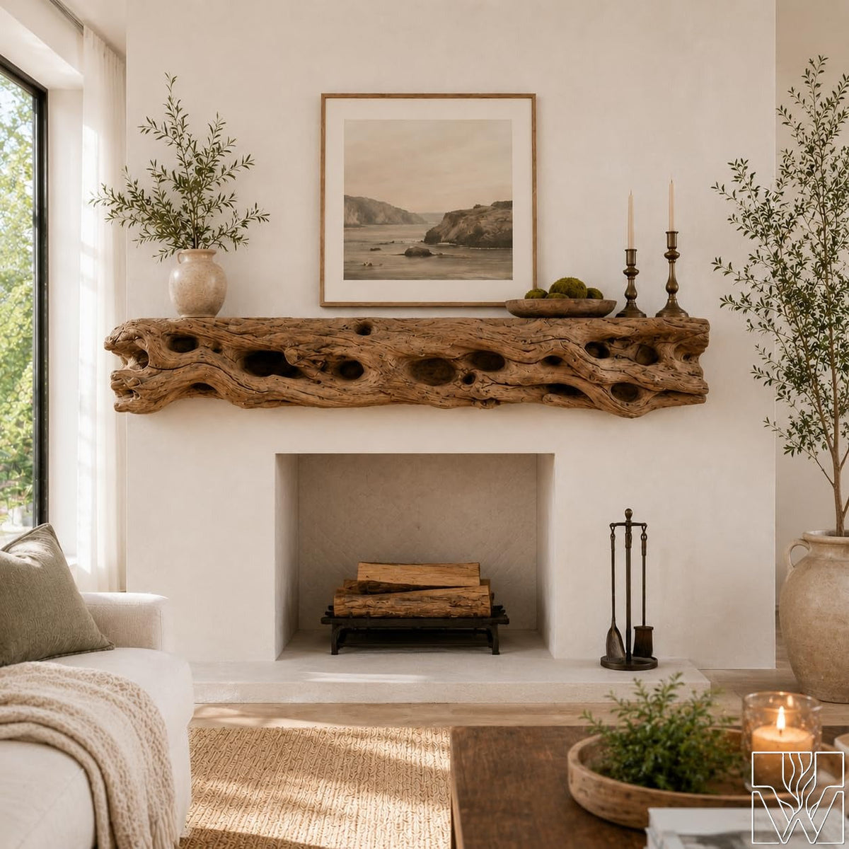 Rustic Fireplace Mantel Shelf With Branch-Inspired Relief Pattern