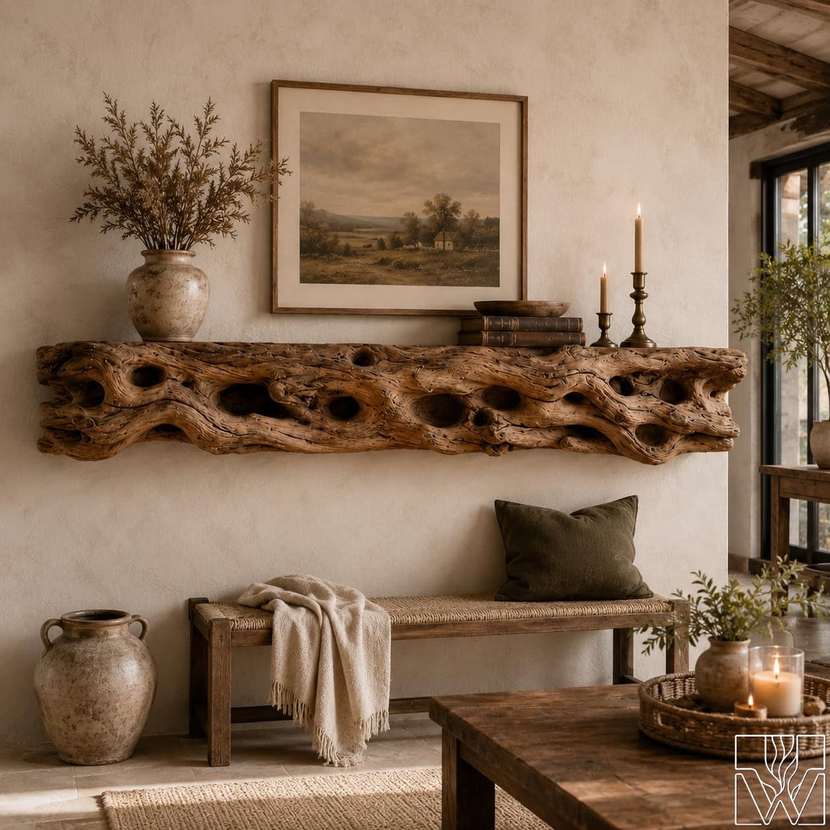 Rustic Fireplace Mantel Shelf With Branch-Inspired Relief Pattern