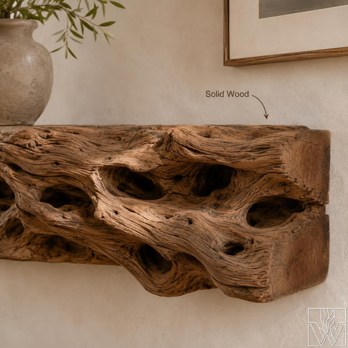 Rustic Fireplace Mantel Shelf With Branch-Inspired Relief Pattern