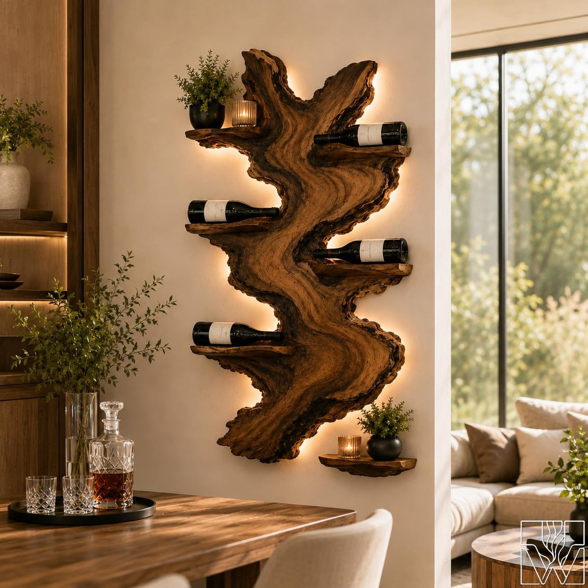 Solid Wood Tree Wine Holder with lateral cantilevered branch tiers