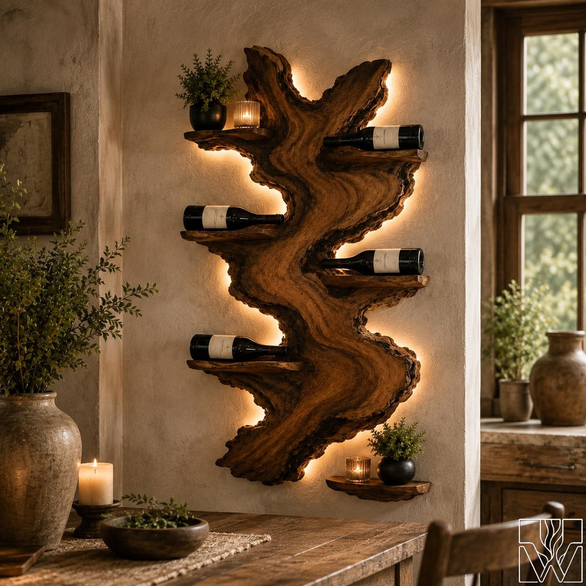 Solid Wood Tree Wine Holder with lateral cantilevered branch tiers
