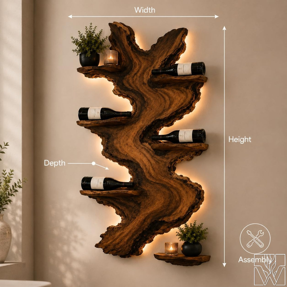 Solid Wood Tree Wine Holder with lateral cantilevered branch tiers