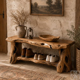 Solid Wood Entryway Shoe Bench Rack with Lower Storage Shelf