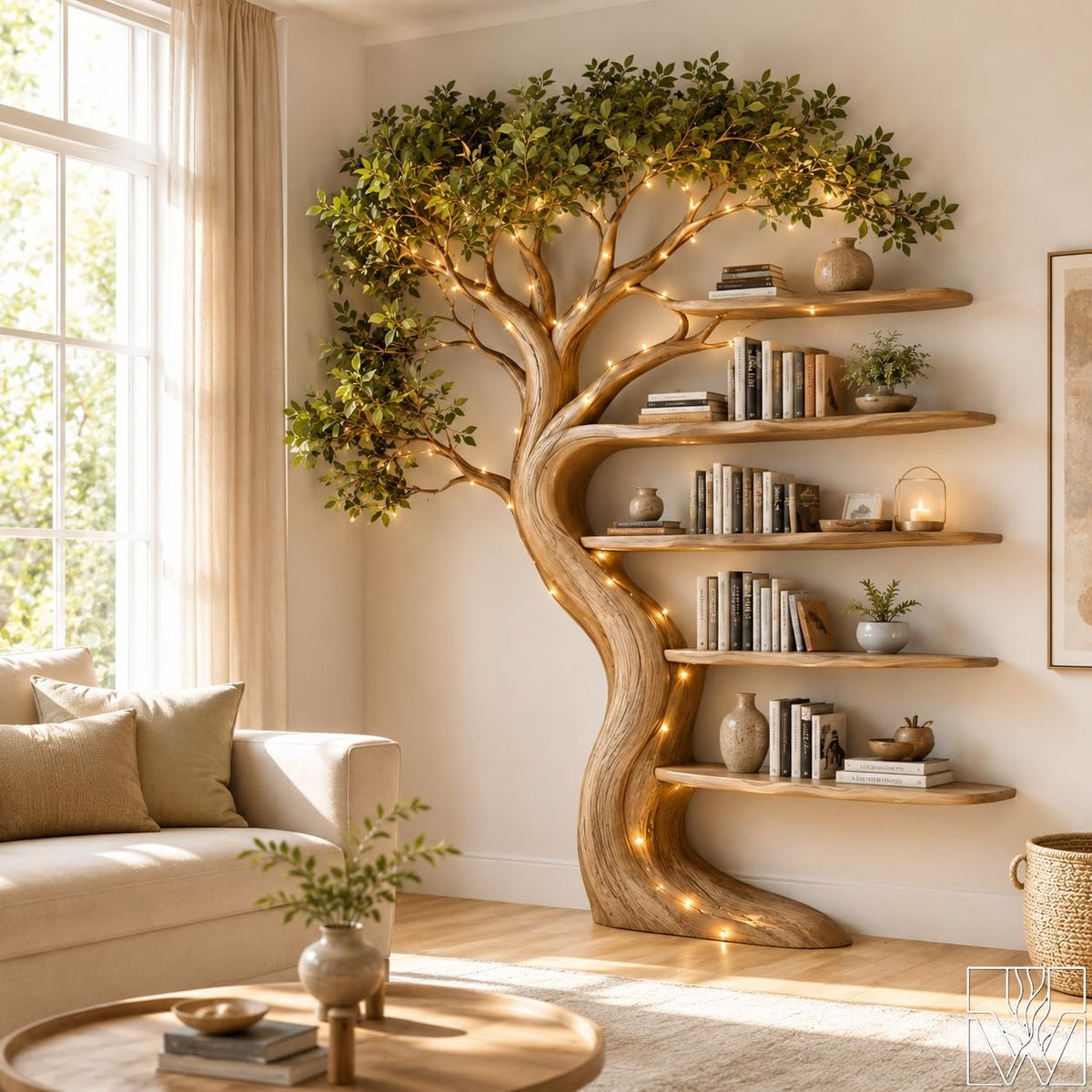 Rustic Solid Wood Tree Bookshelf with Branching Silhouette