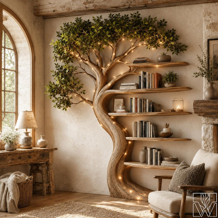 Rustic Solid Wood Tree Bookshelf with Branching Silhouette