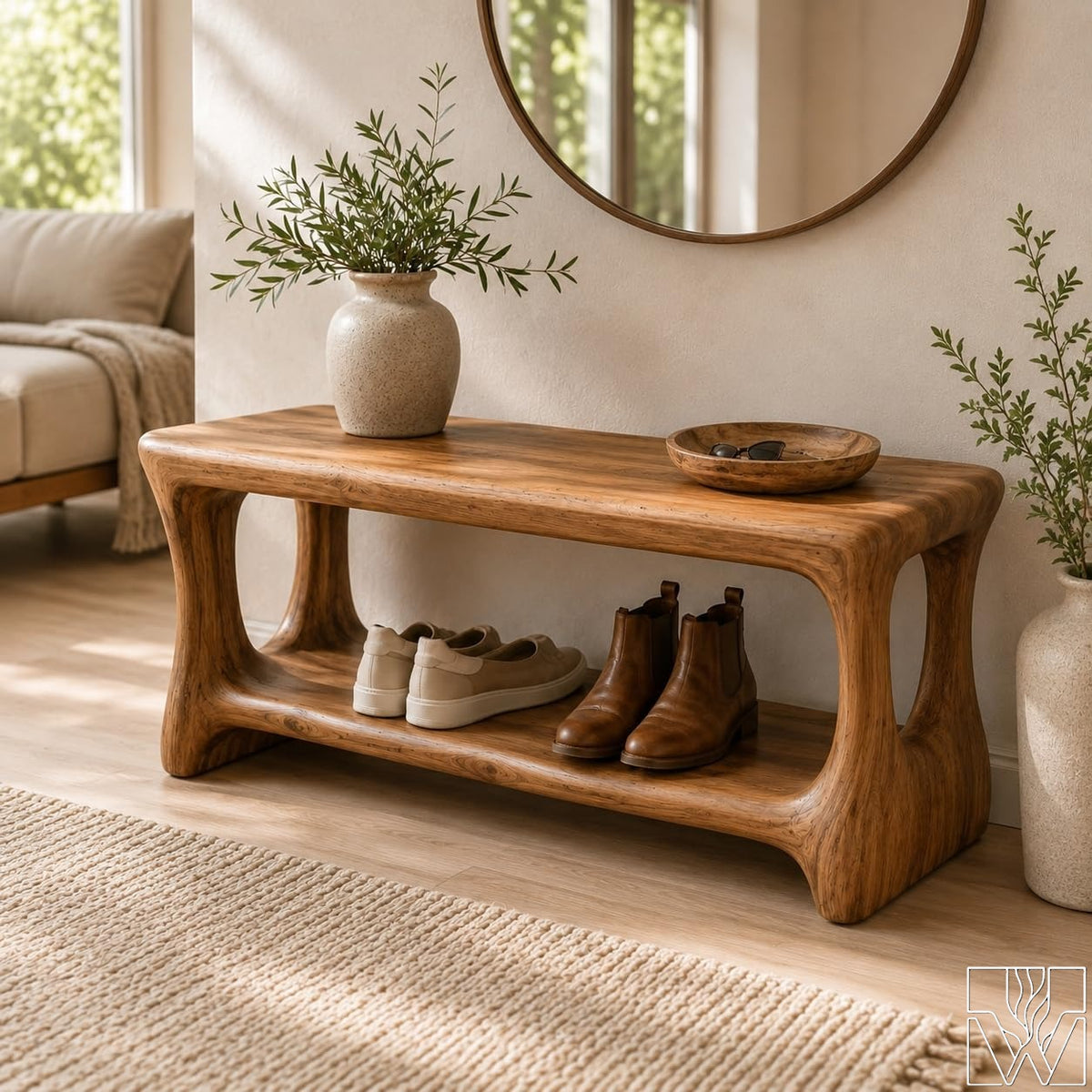 Solid Wood Rustic Entryway Shoe Bench with Lower Storage Shelf Tier