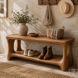 Solid Wood Rustic Entryway Shoe Bench with Lower Storage Shelf Tier