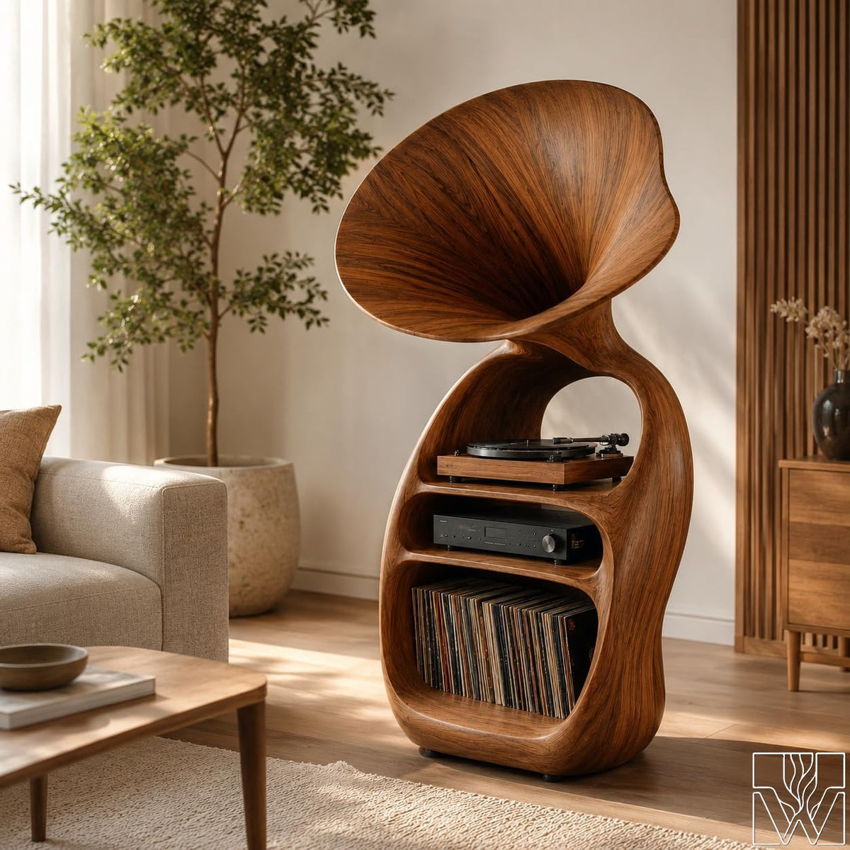 Solid Wood Record Player Stand with Curved Horn Silhouette