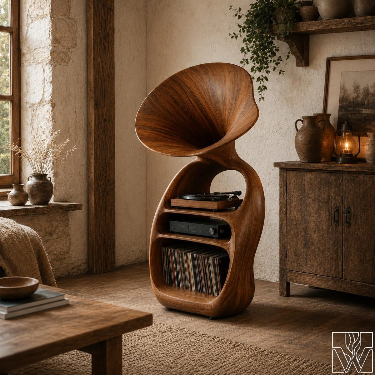 Solid Wood Record Player Stand with Curved Horn Silhouette