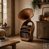 Solid Wood Record Player Stand with Curved Horn Silhouette