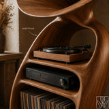 Solid Wood Record Player Stand with Curved Horn Silhouette