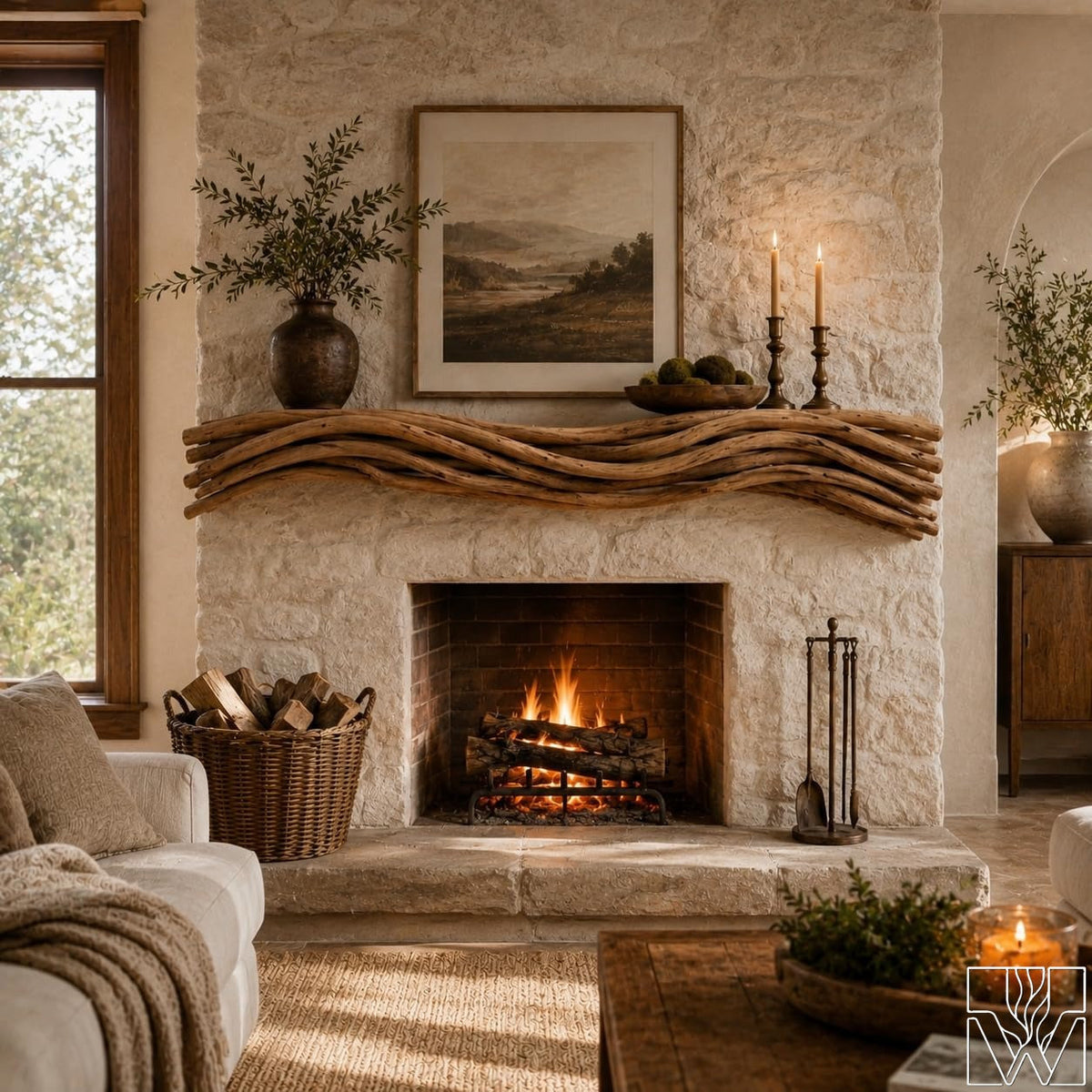 Rustic Solid Wood Fireplace Mantel Shelf with Flat Display Surface