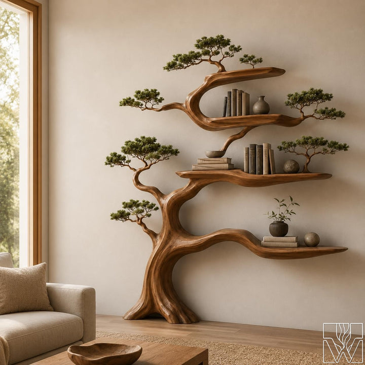 Sculptural Open Shelf Framework Solid Wood Bookcase Live Edge Unit
