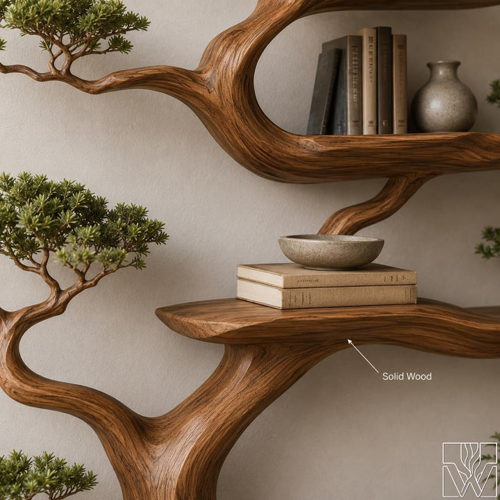 Sculptural Open Shelf Framework Solid Wood Bookcase Live Edge Unit