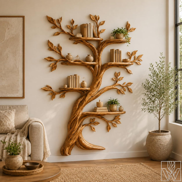 Tree Branch Silhouette Solid Wood Bookcase with Live Edge Shelves
