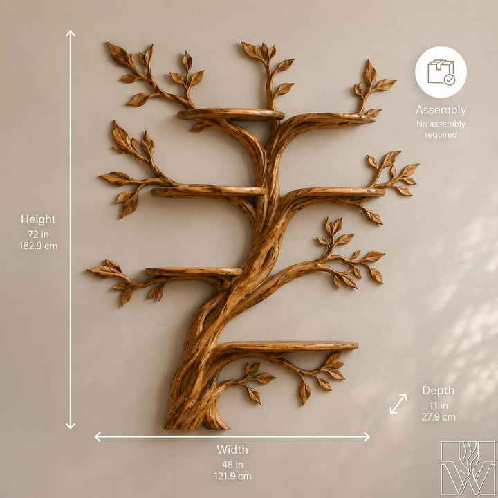 Tree Branch Silhouette Solid Wood Bookcase with Live Edge Shelves