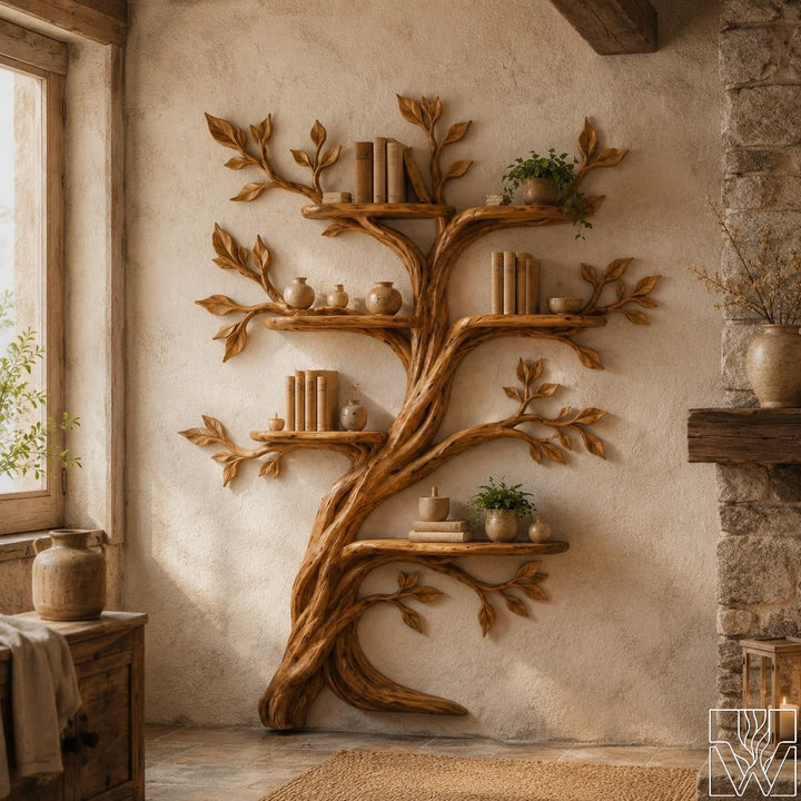 Tree Branch Silhouette Solid Wood Bookcase with Live Edge Shelves