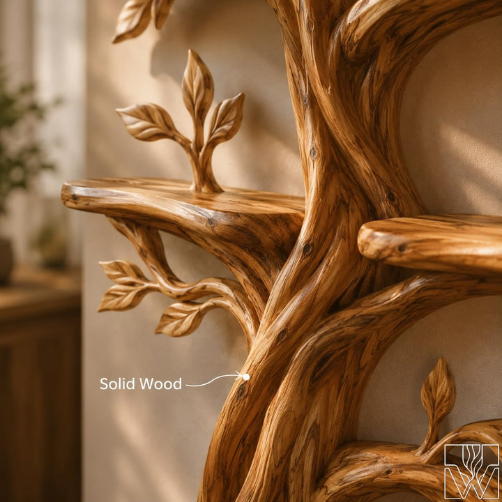 Tree Branch Silhouette Solid Wood Bookcase with Live Edge Shelves