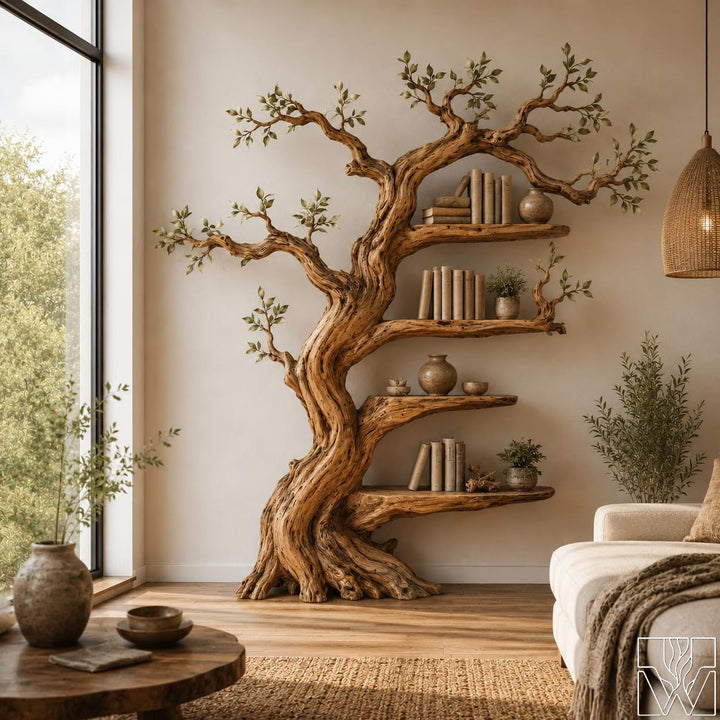Solid Wood Tree Branch Bookcase with Sculptural Tree Form