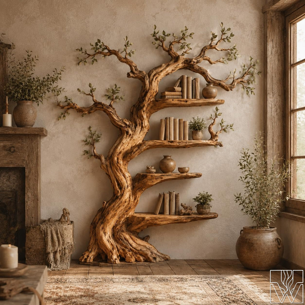 Solid Wood Tree Branch Bookcase with Sculptural Tree Form