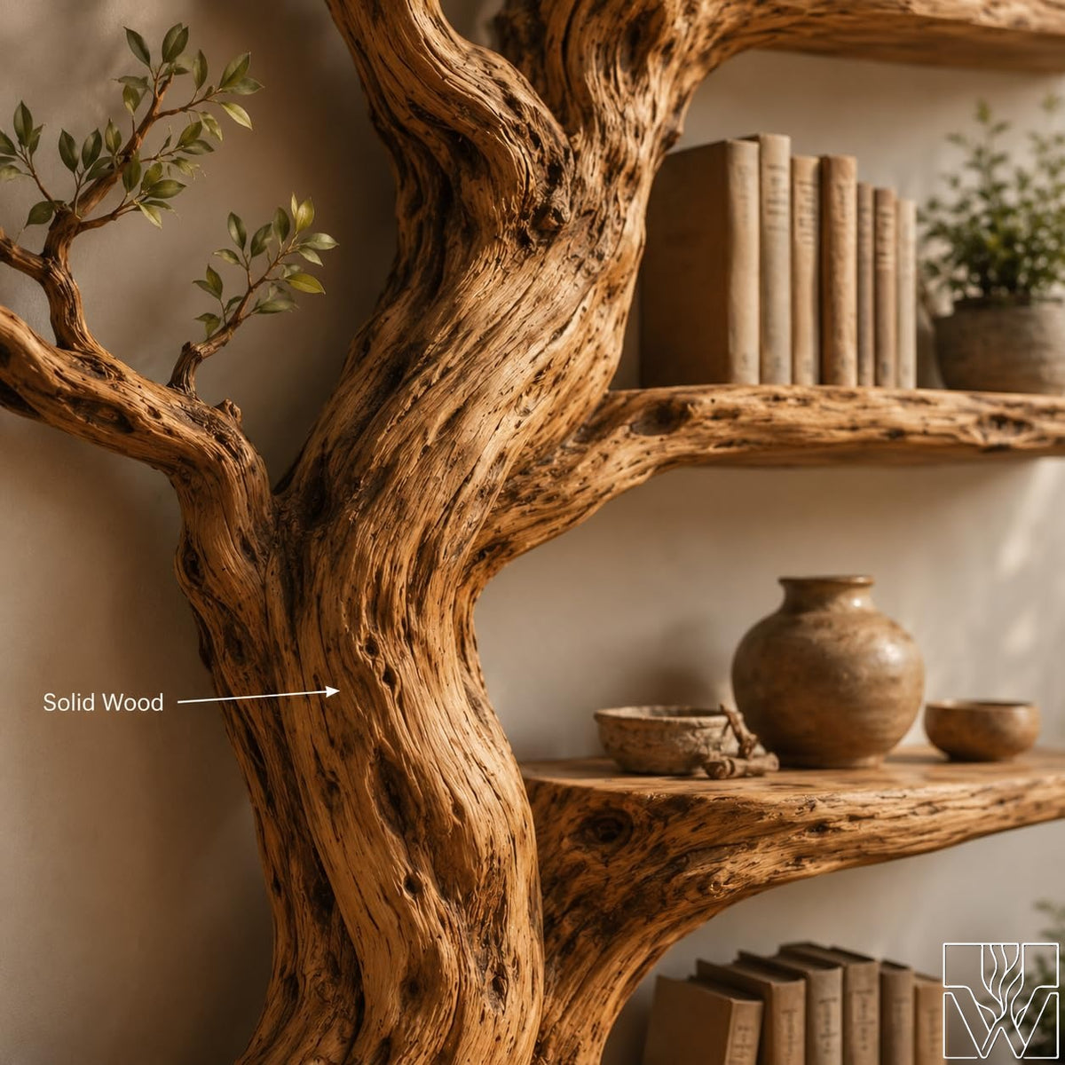 Solid Wood Tree Branch Bookcase with Sculptural Tree Form
