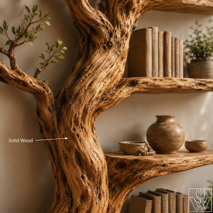 Solid Wood Tree Branch Bookcase with Sculptural Tree Form
