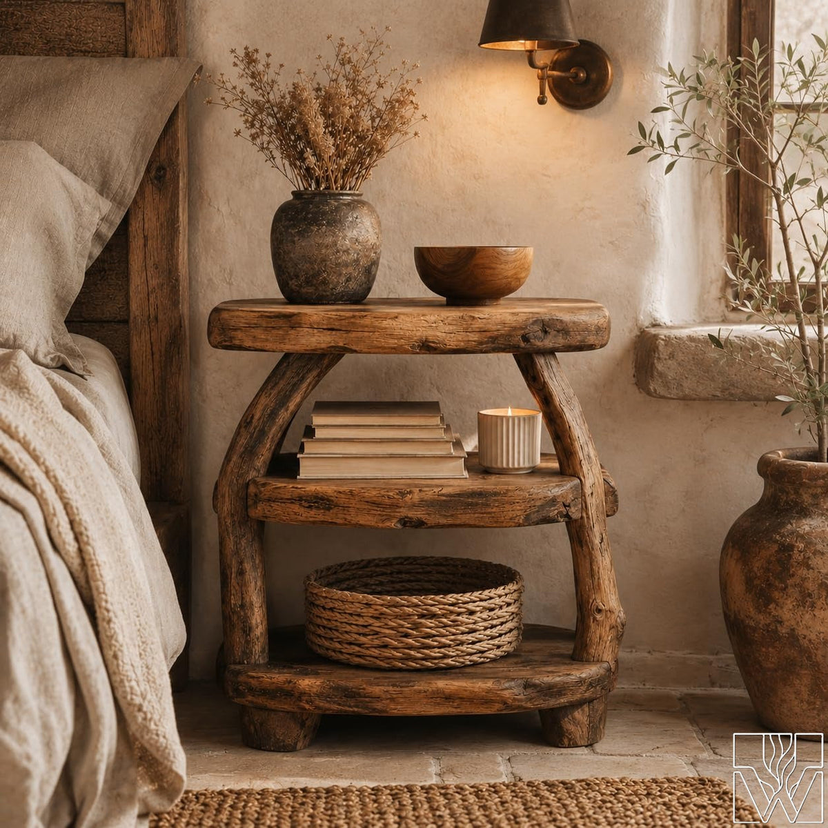 Rustic Modern Solid Wood Nightstand with Sculptural Silhouette