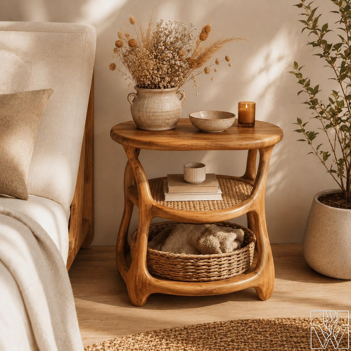 Rustic Solid Wood 3-Shelf Nightstand with rounded shelf edges